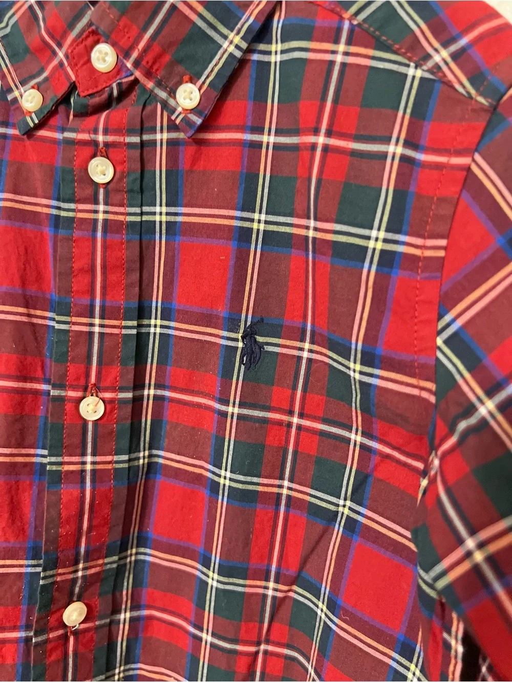 Ralph Lauren Boys Red Plaid Button-Down Shirt with Green Accents Christmas